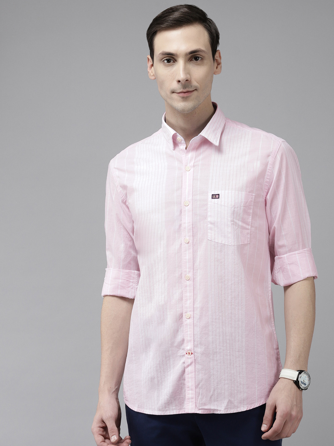 Men's Pink Classic Horizontal Stripes Casual Cotton Shirt