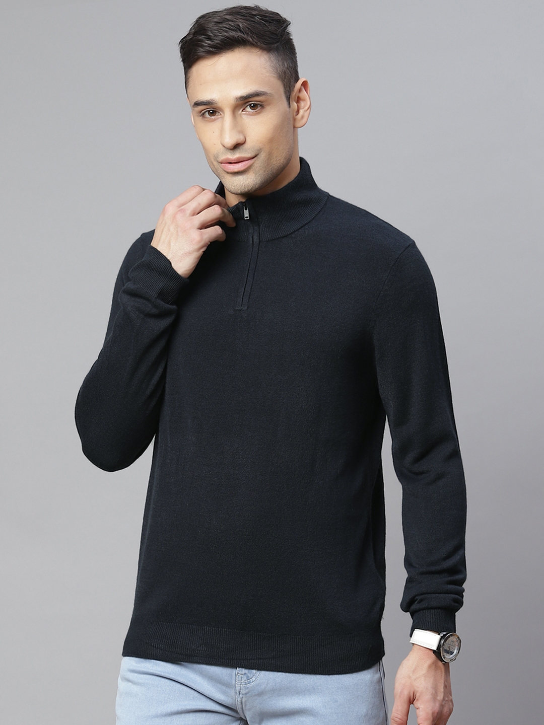 Buy Marks & Spencer Men Navy Blue Solid Half Zipper Pullover - Sweaters ...