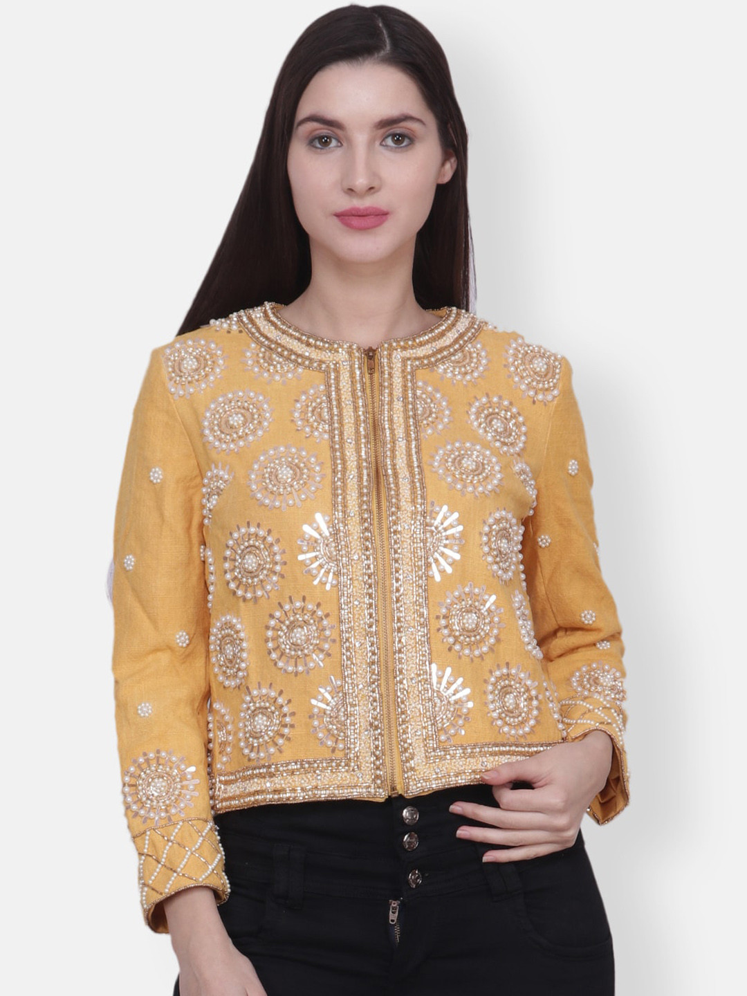 Buy Diwaah Women Yellow Floral Crop Embroidered Tailored Jacket
