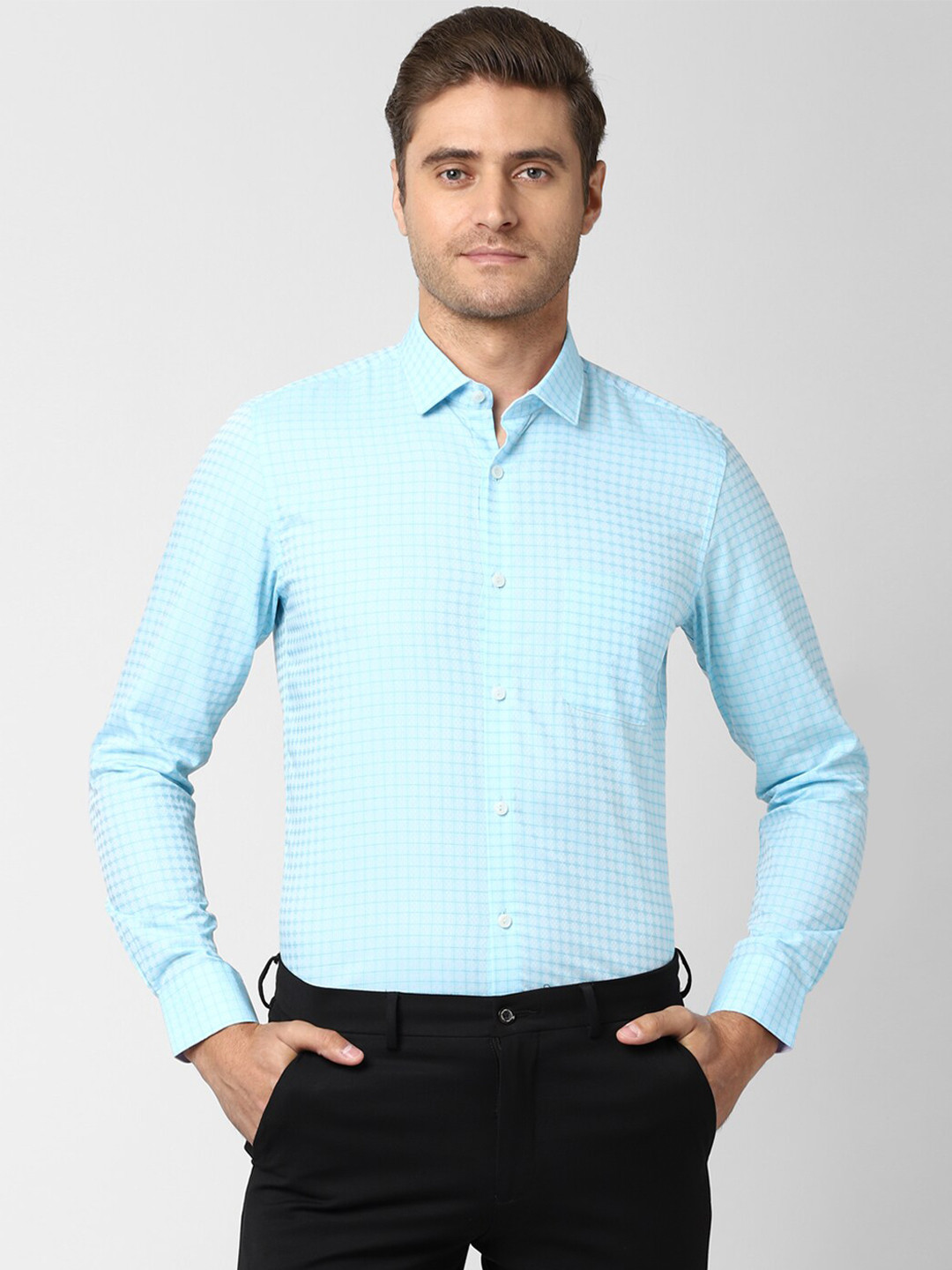 Buy Peter England Elite Men Blue Slim Fit Checked Cotton Formal Shirt