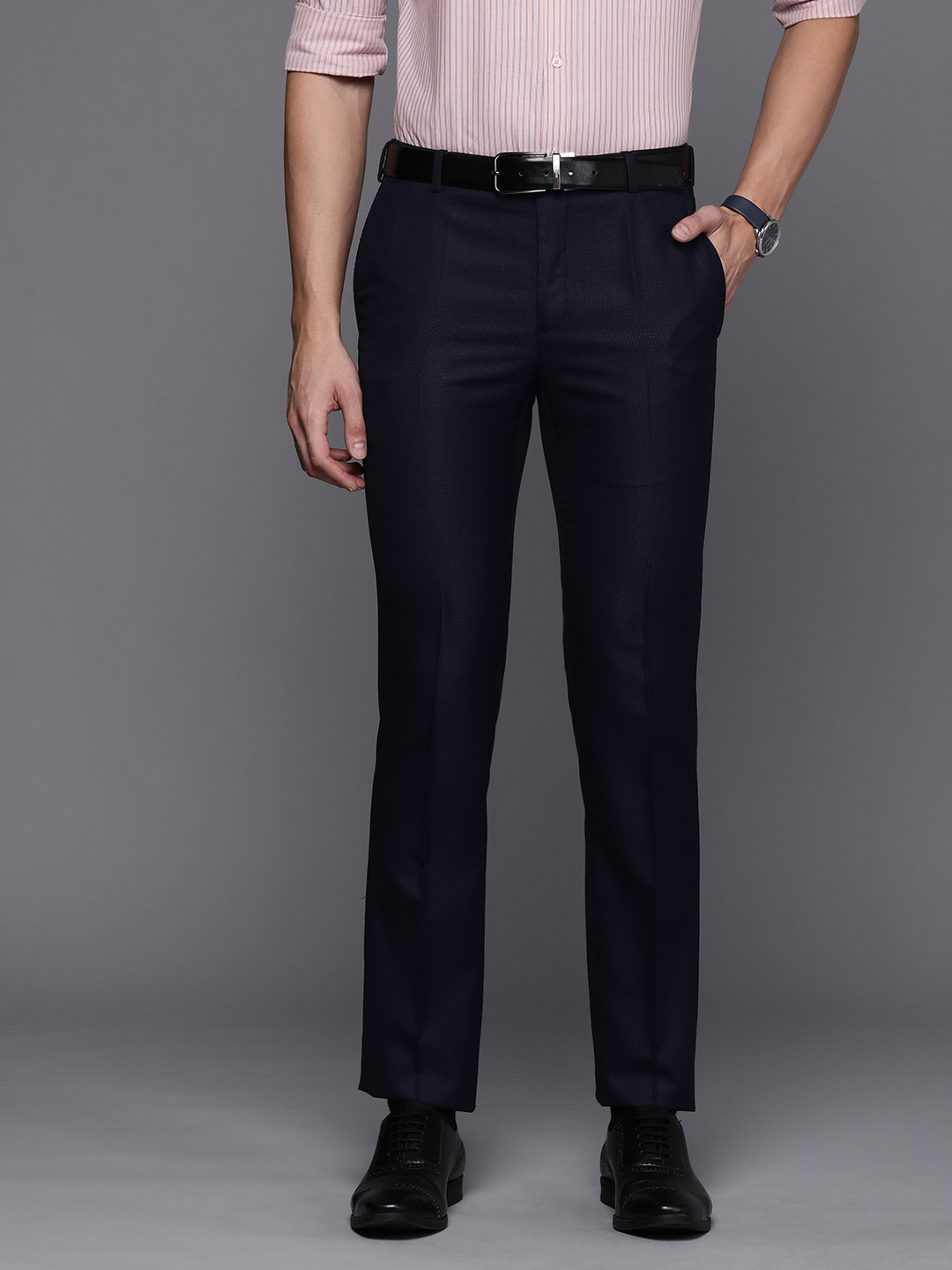 Buy Raymond Men Navy Blue Textured Slim Fit Trousers - Trousers for Men ...