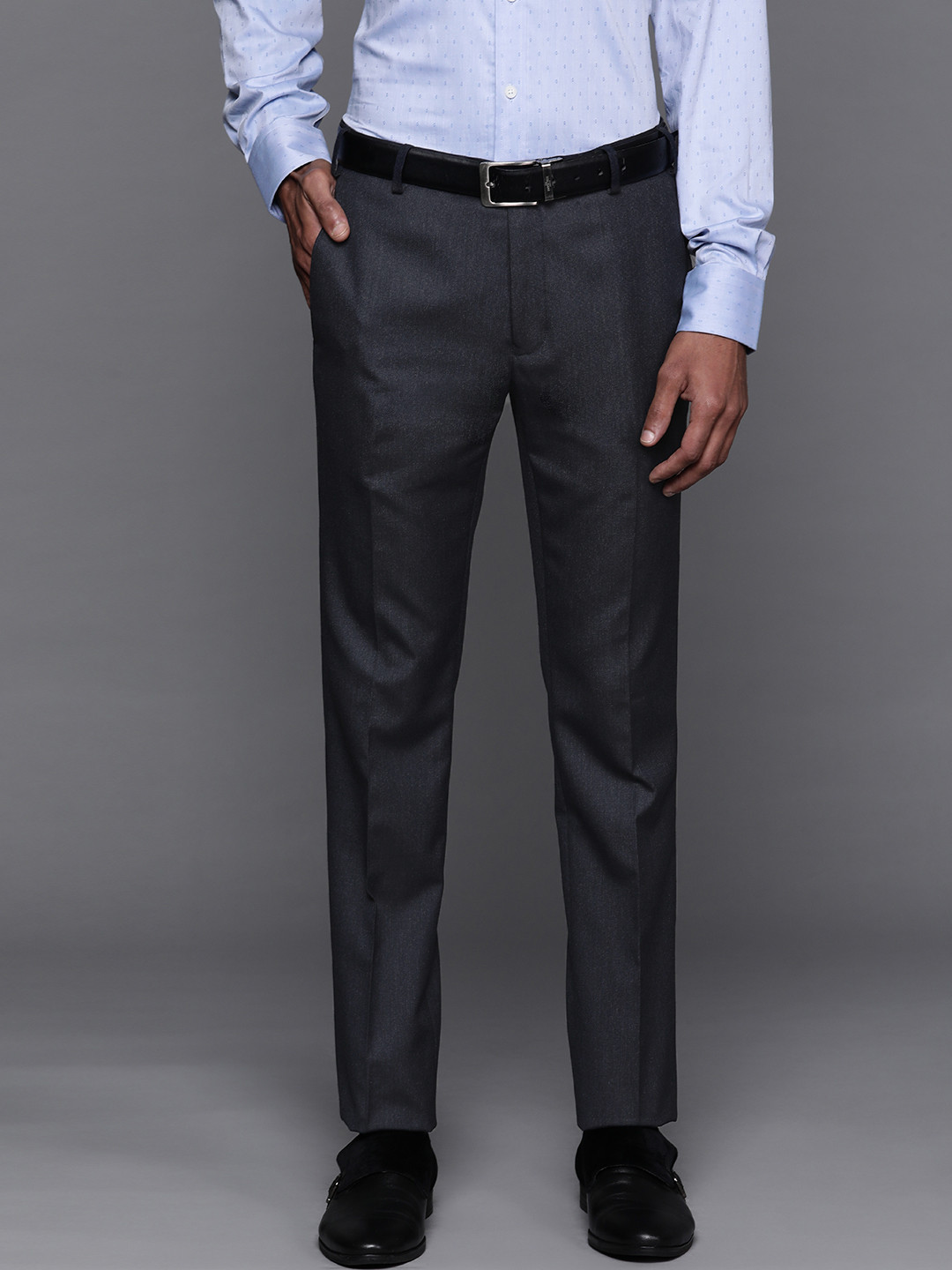 Buy Raymond Men Navy Blue Solid Slim Fit Formal Trousers - Trousers for ...