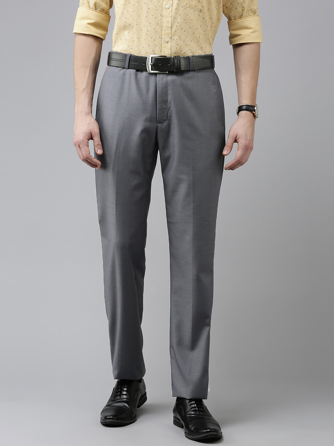 Buy Park Avenue Men Grey Smart Fit Solid Mid Rise Formal Trousers ...