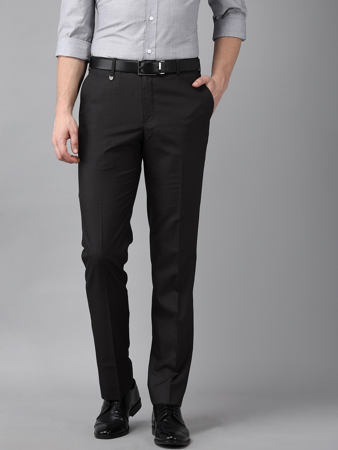 Buy Park Avenue Men Black Self Design Regular Fit Formal Trousers ...
