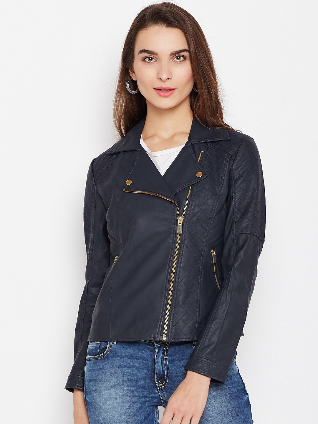 Buy U.S. Polo Assn. Women Navy Blue Solid Asymmetric Closure Biker Jacket - Jackets for Women 