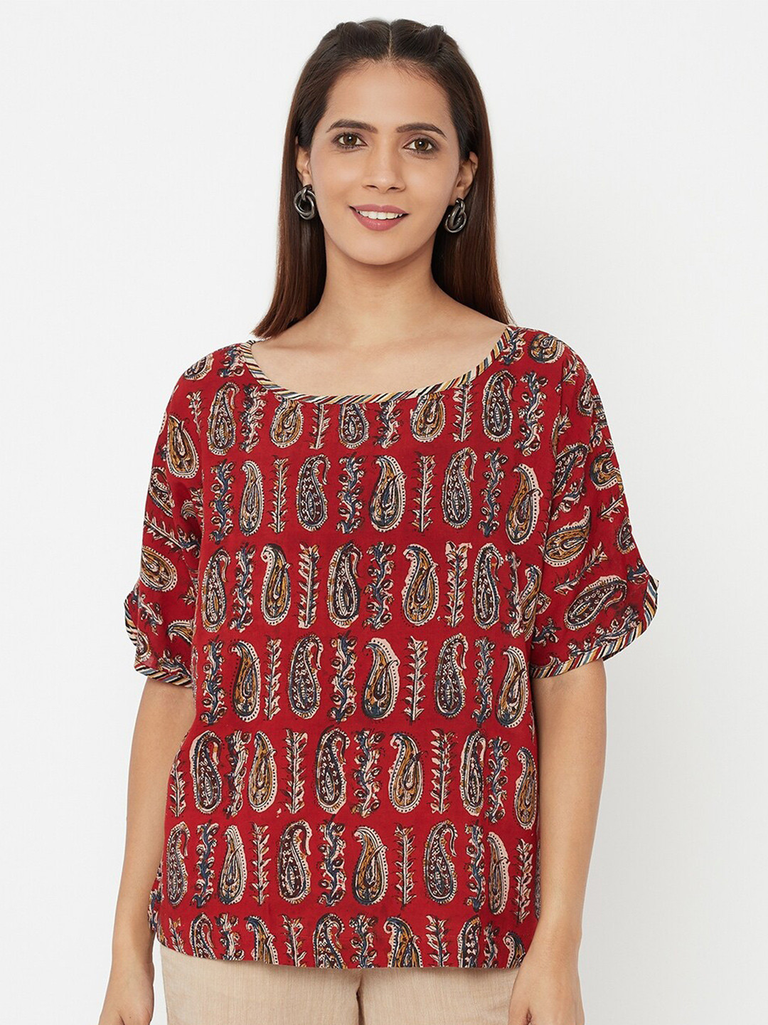 Buy Fabindia Red Kalamkari Printed Regular Top Tops for Women