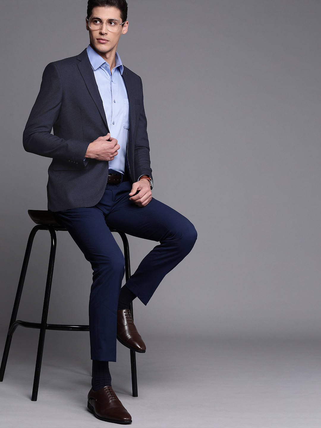 Buy Raymond Men Navy Blue Self Checked Slim Fit Single Breasted Formal