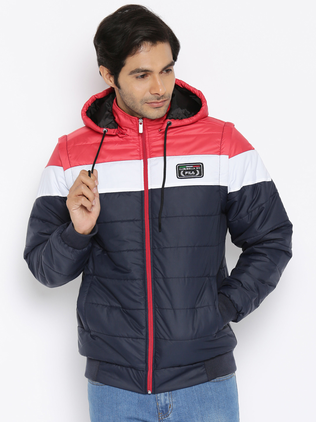 Buy FILA Men Navy Blue & Red Hooded Puffer Jacket Jackets for Men