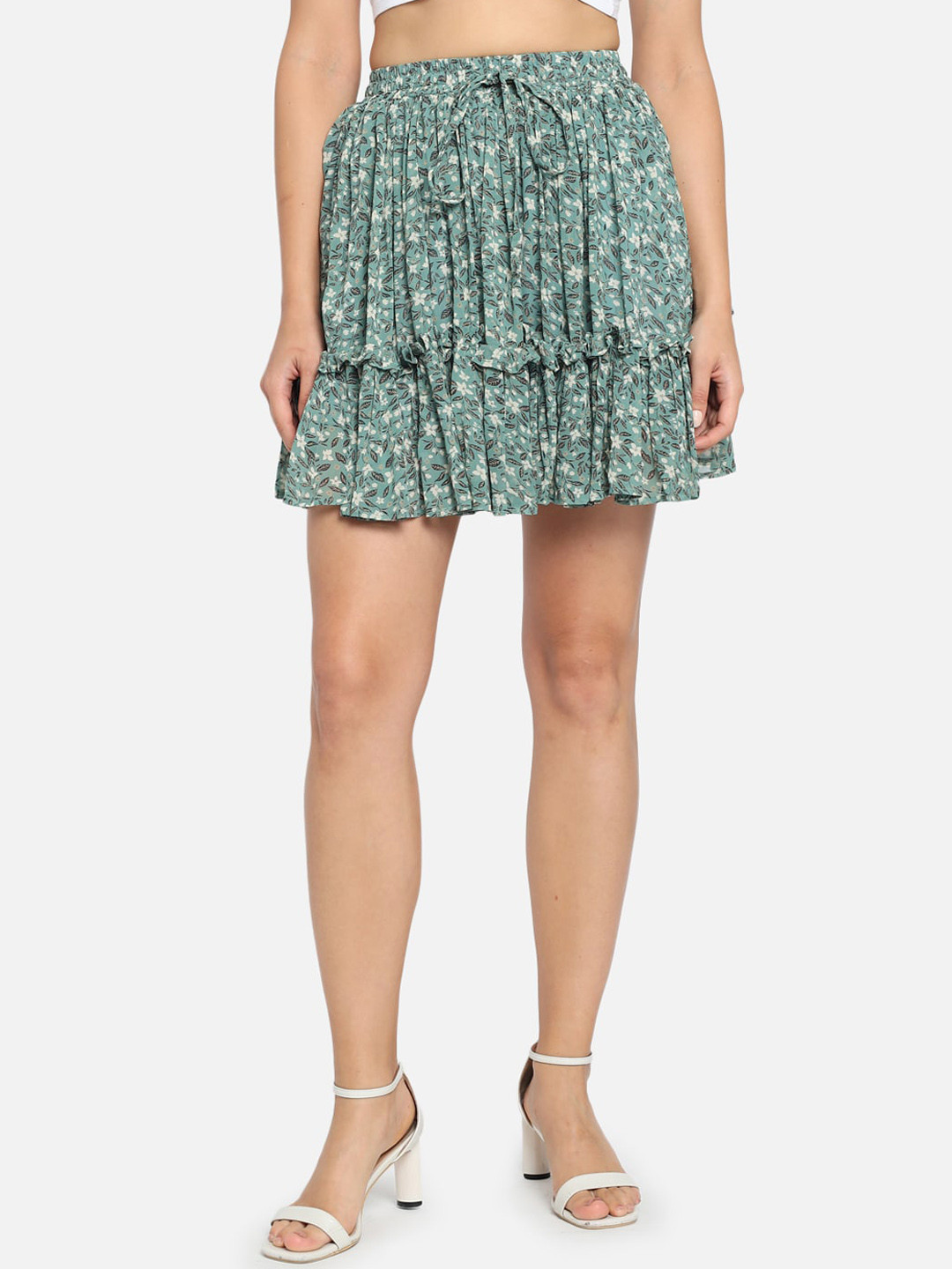 Buy Trend Arrest Women Green & White Floral Printed Flared Mini Skirt