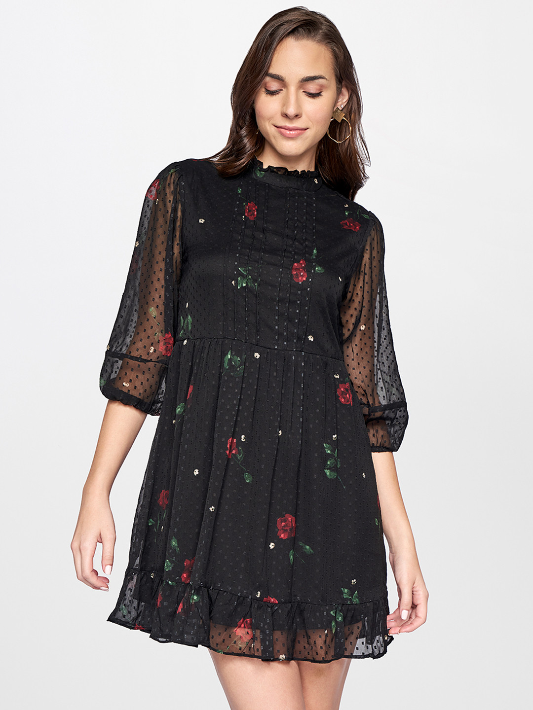 Buy AND Black Floral Print Pleated A Line Dress Dresses for Women
