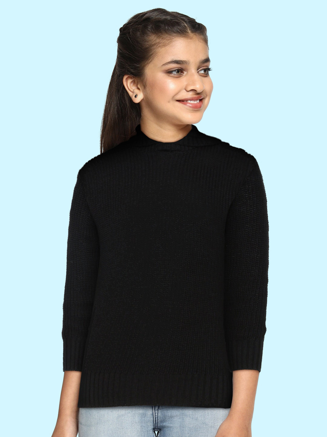 Buy AND Girls Black Knitted Hooded Sweatshirt Sweatshirts for Girls