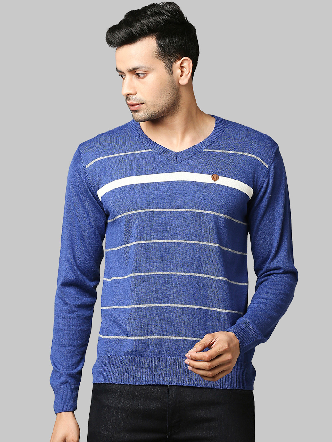 Buy Raymond Men Blue & White Striped Acrylic Wool Pullover Sweaters for Men 16081152 Myntra