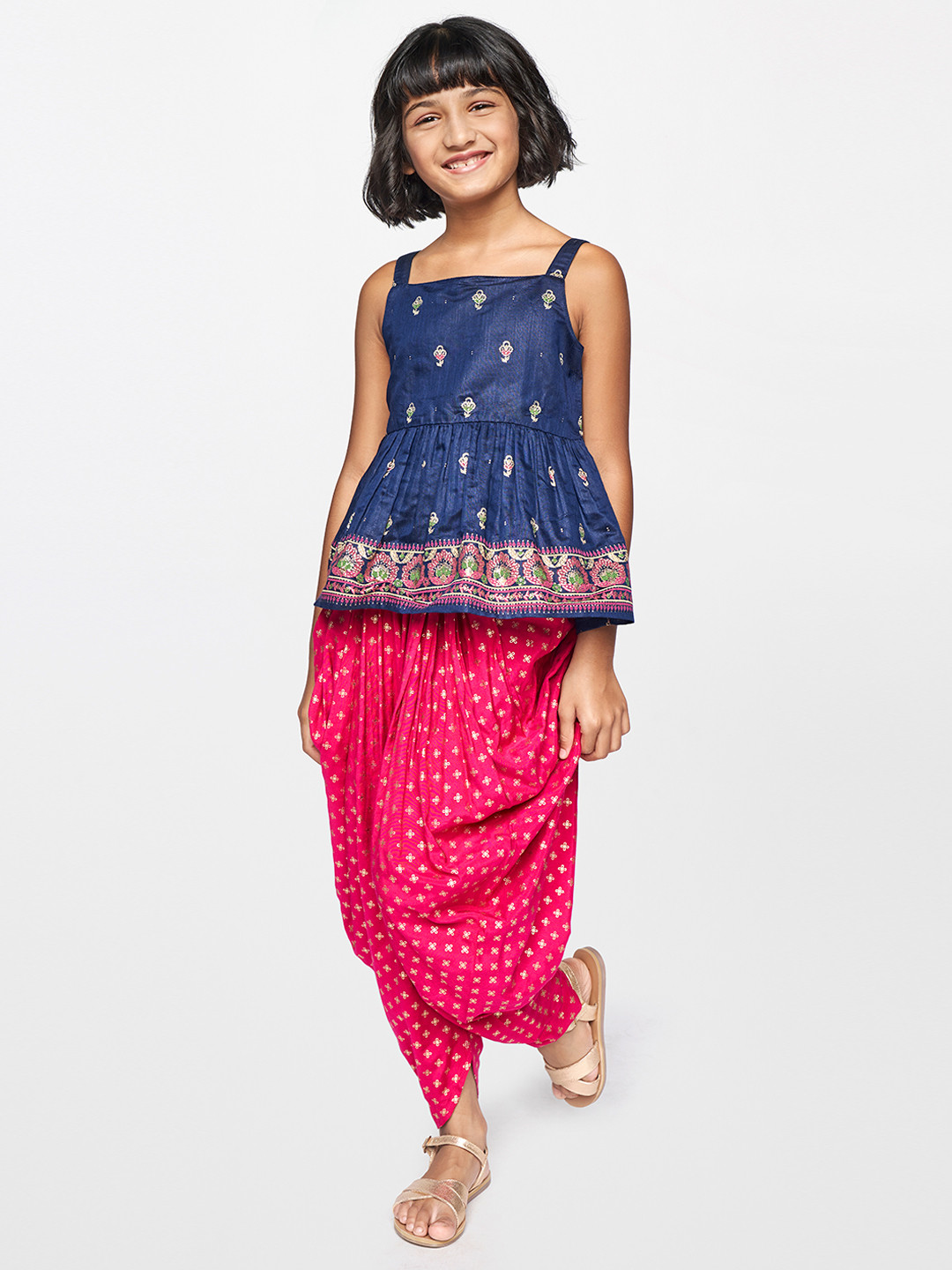 Girl Leaf Print Top with Cowl Dhoti Pants-Blue