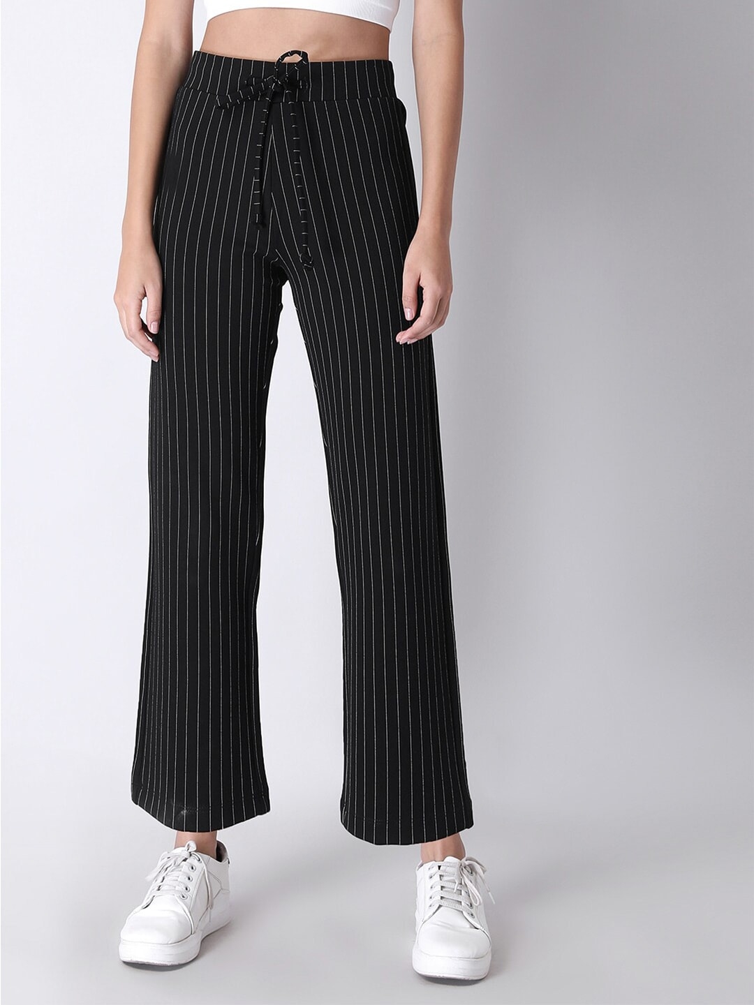 Buy FabAlley Women Black Pinstripe High Rise Trousers - Trousers for ...