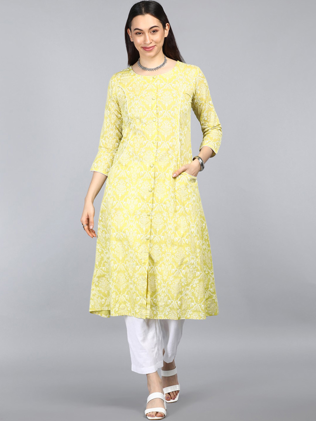 Buy AHIKA Women Lime Green Floral Embroidered Thread Work Kurta