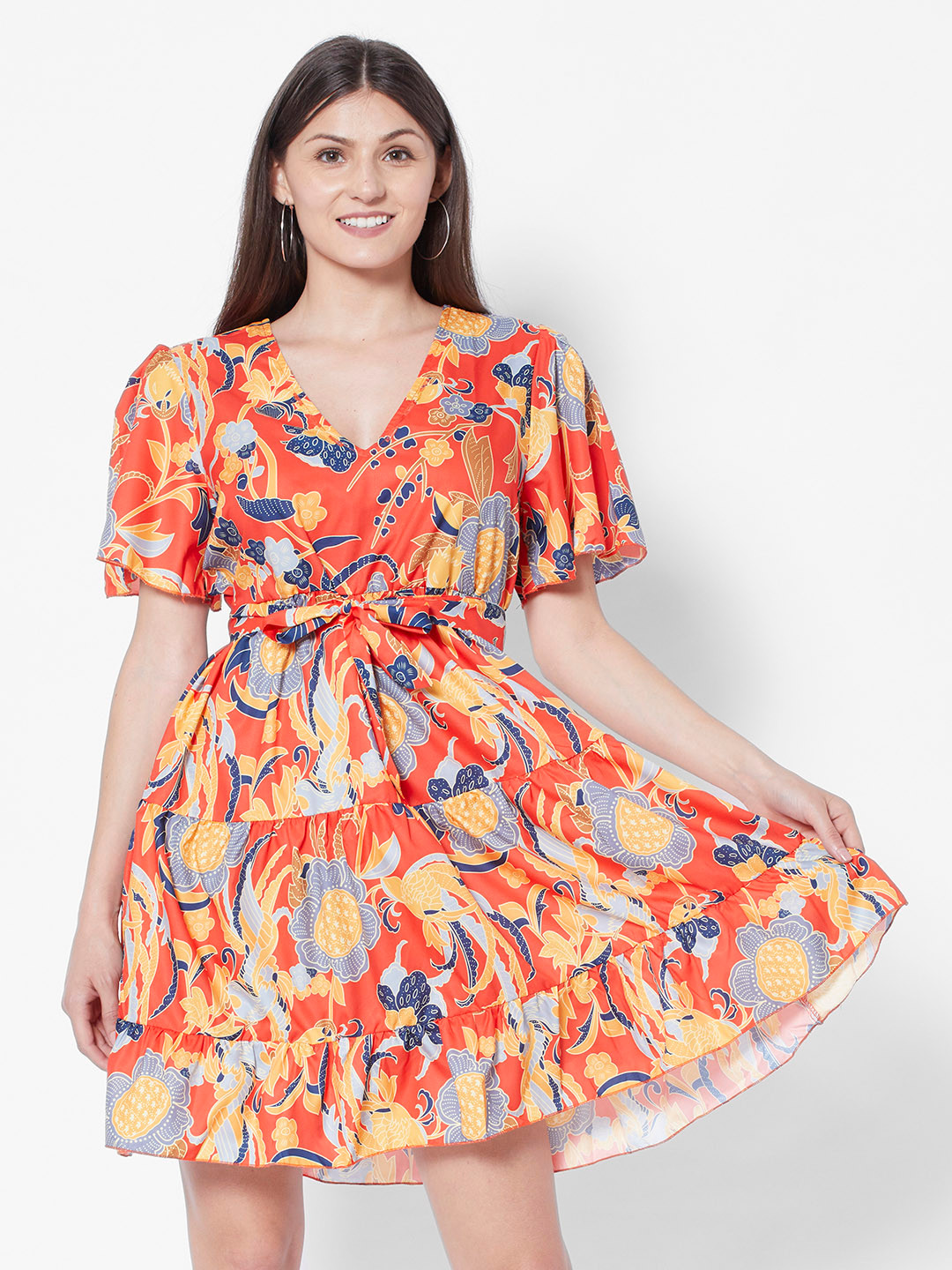 Buy URBANIC Orange & Yellow Printed A Line Dress Comes With A Belt