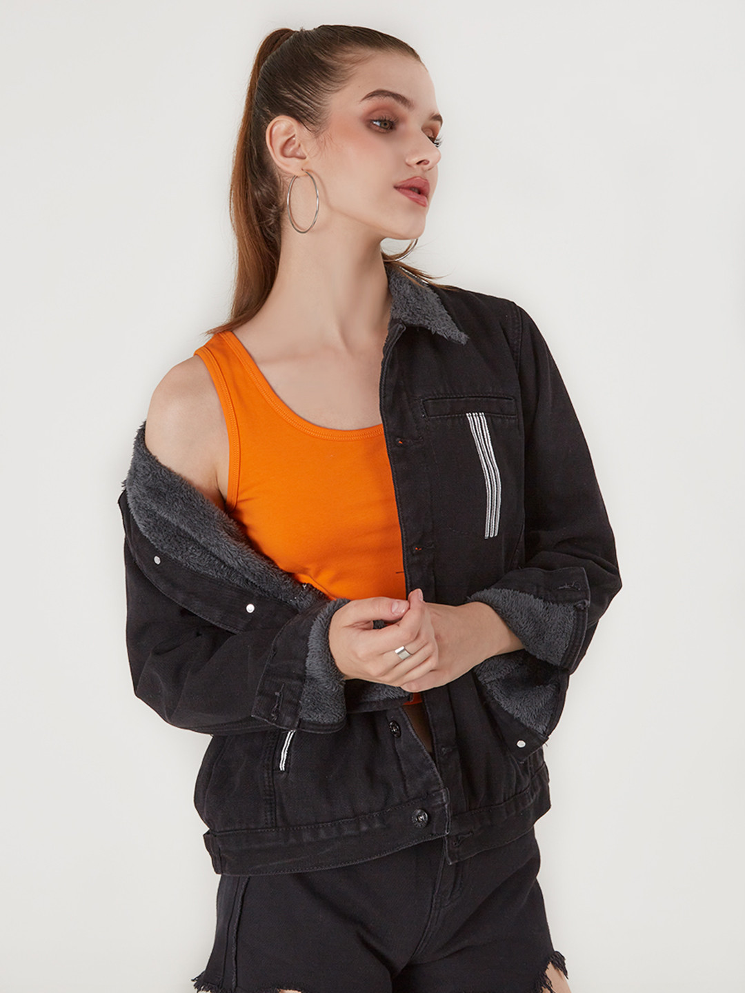 Buy URBANIC Women Black Solid Oversized Faux Fur Lined Denim Jacket