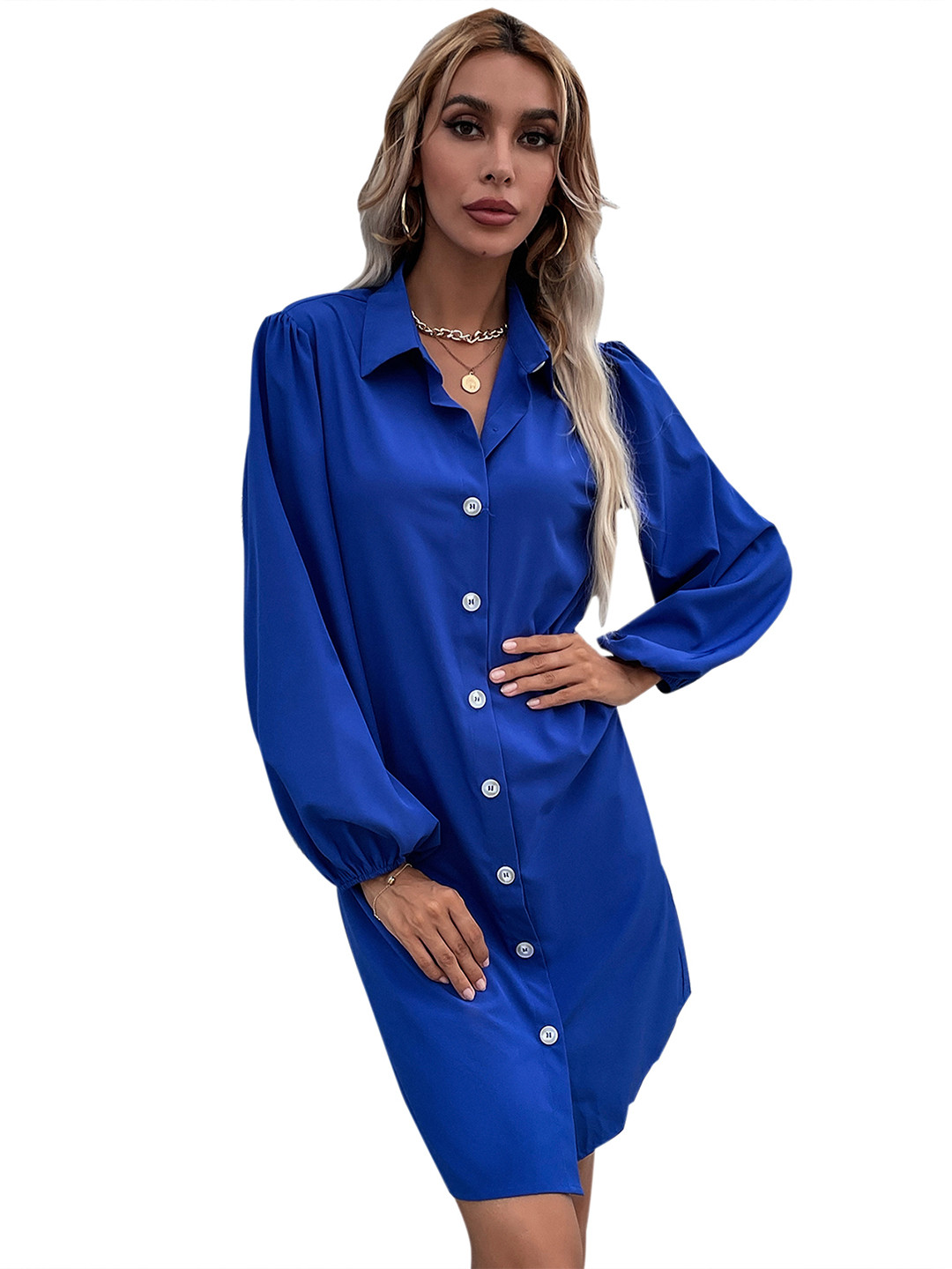 Buy URBANIC Blue Solid Puff Sleeves Shirt Dress Dresses for Women