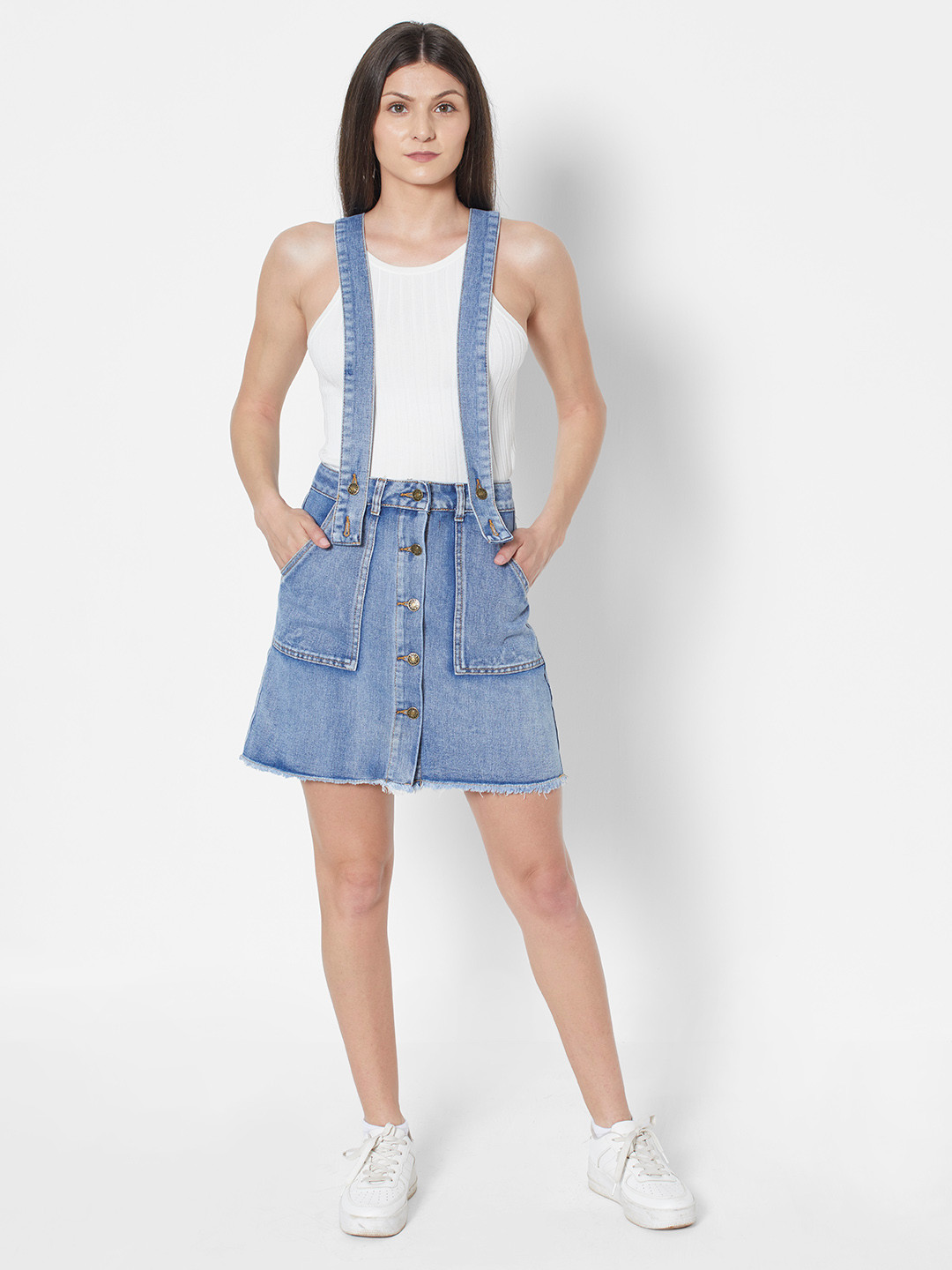 Buy URBANIC Women Blue Solid Denim A Line Skirt With Suspenders