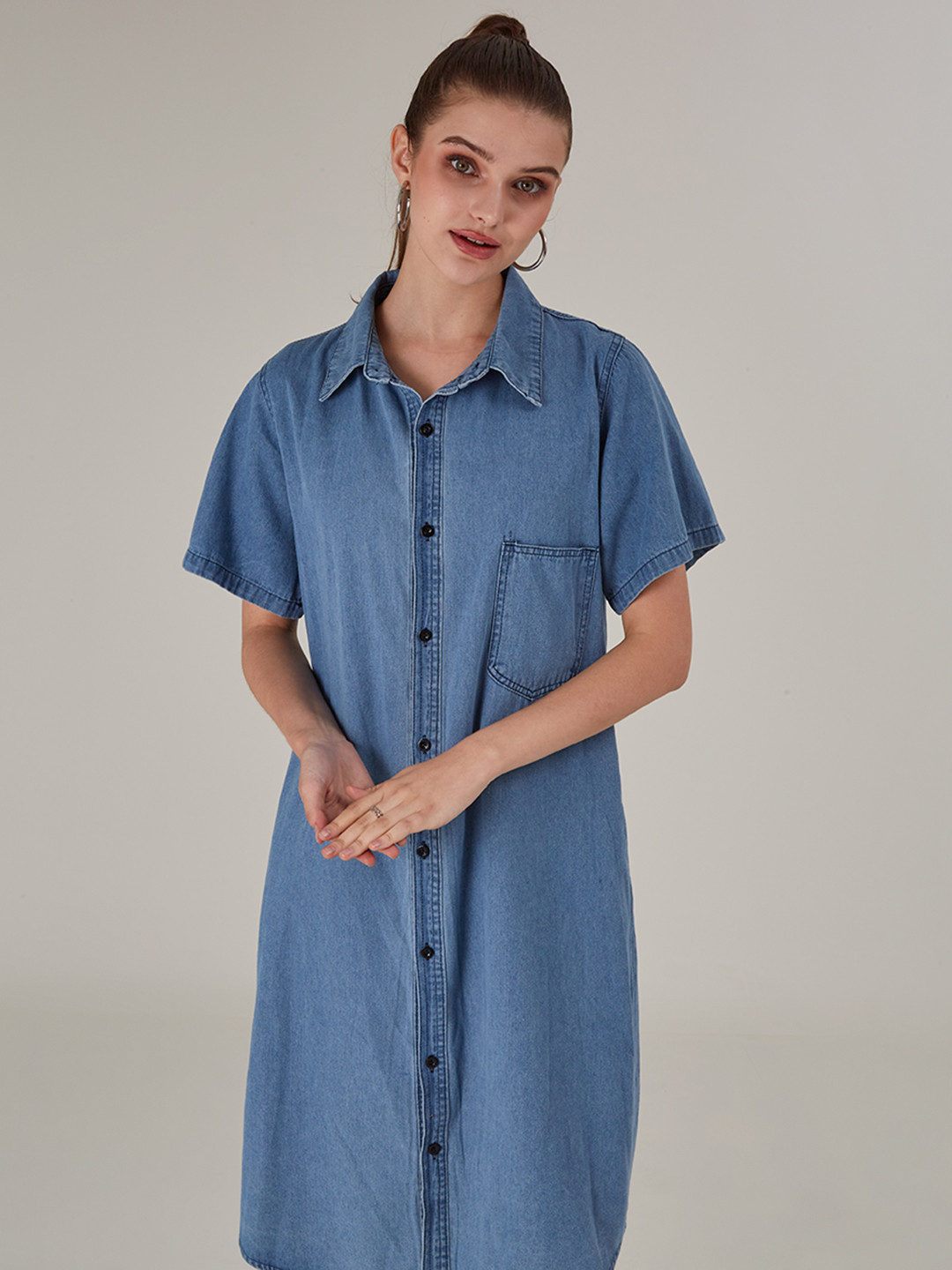 Buy URBANIC Blue Cotton Chambray Shirt Dress Dresses for Women