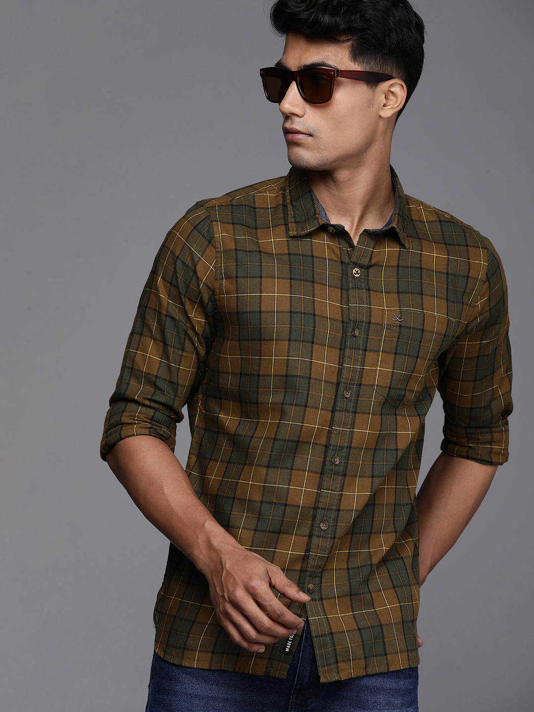 Buy WROGN Men Brown & Olive Green Slim Fit Tartan Checked Pure Cotton