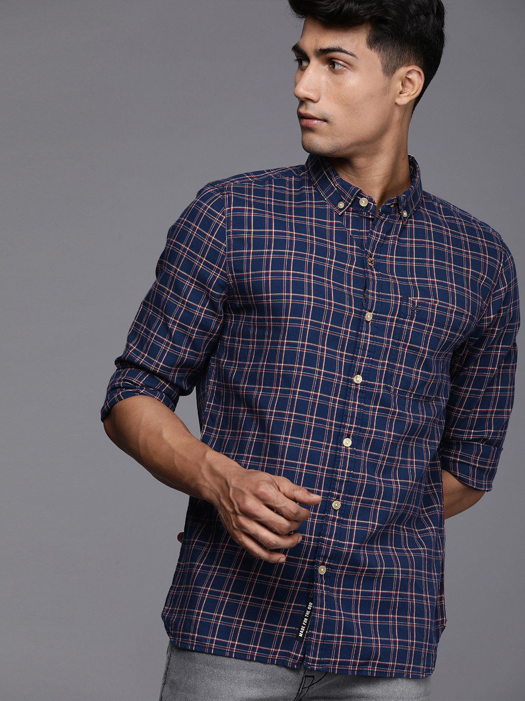 Buy WROGN Men Navy Blue & Red Slim Fit Tartan Checks Pure Cotton Casual Shirt Shirts for Men