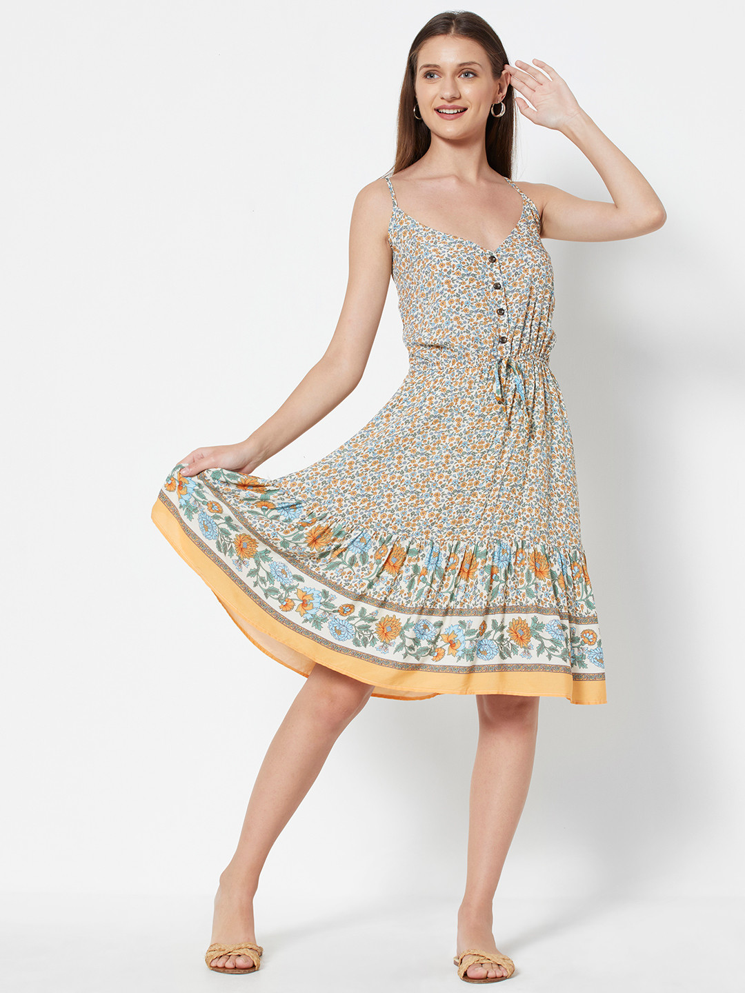 Off White Yellow Floral and Stripes Print Dress