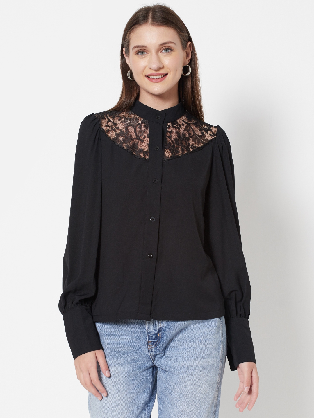 Buy URBANIC Women Black Lace Yoke Casual Shirt - Shirts for Women ...