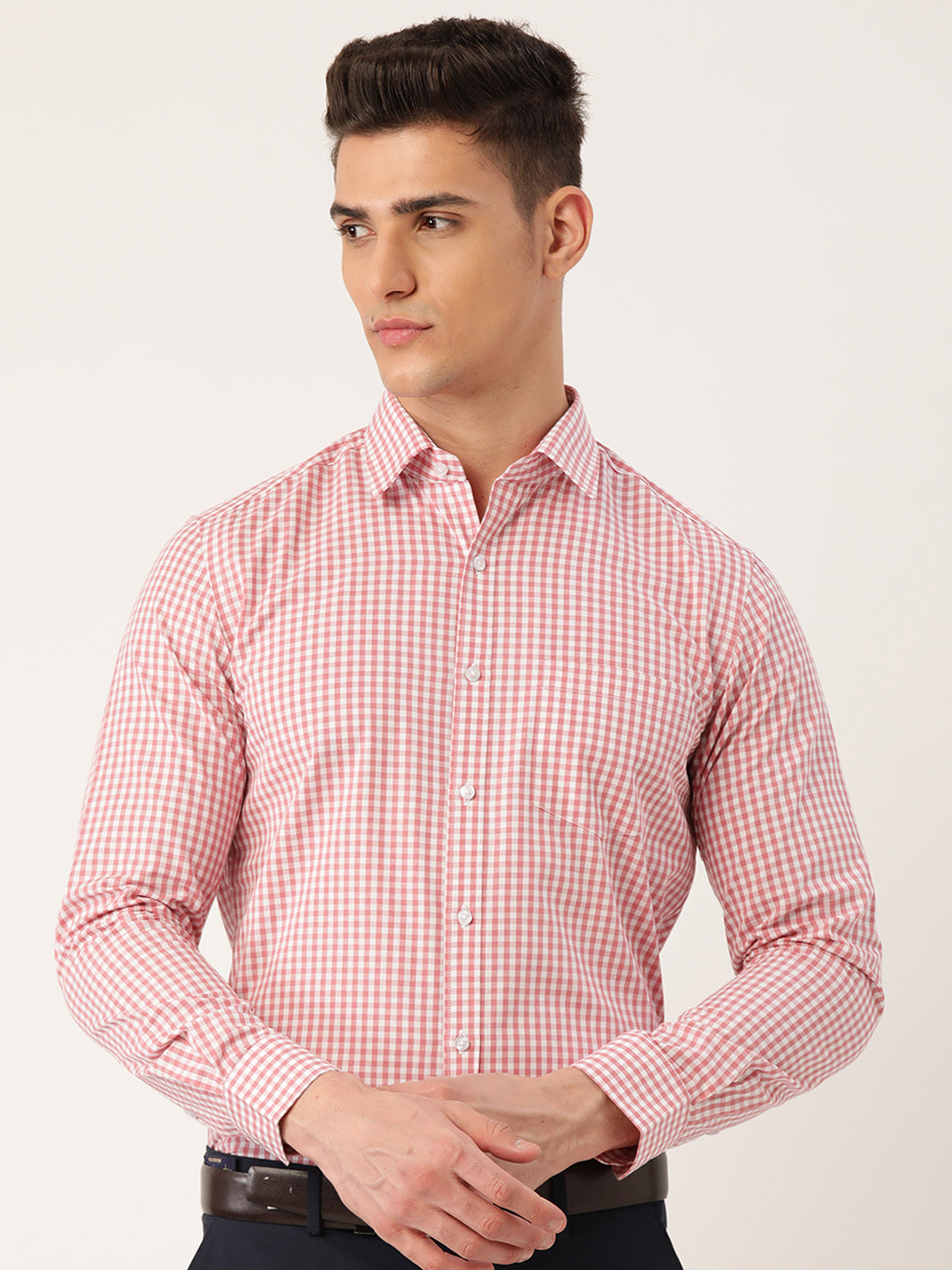 Buy IVOC Men White & Pink Cotton Gingham Checked Formal Shirt Shirts