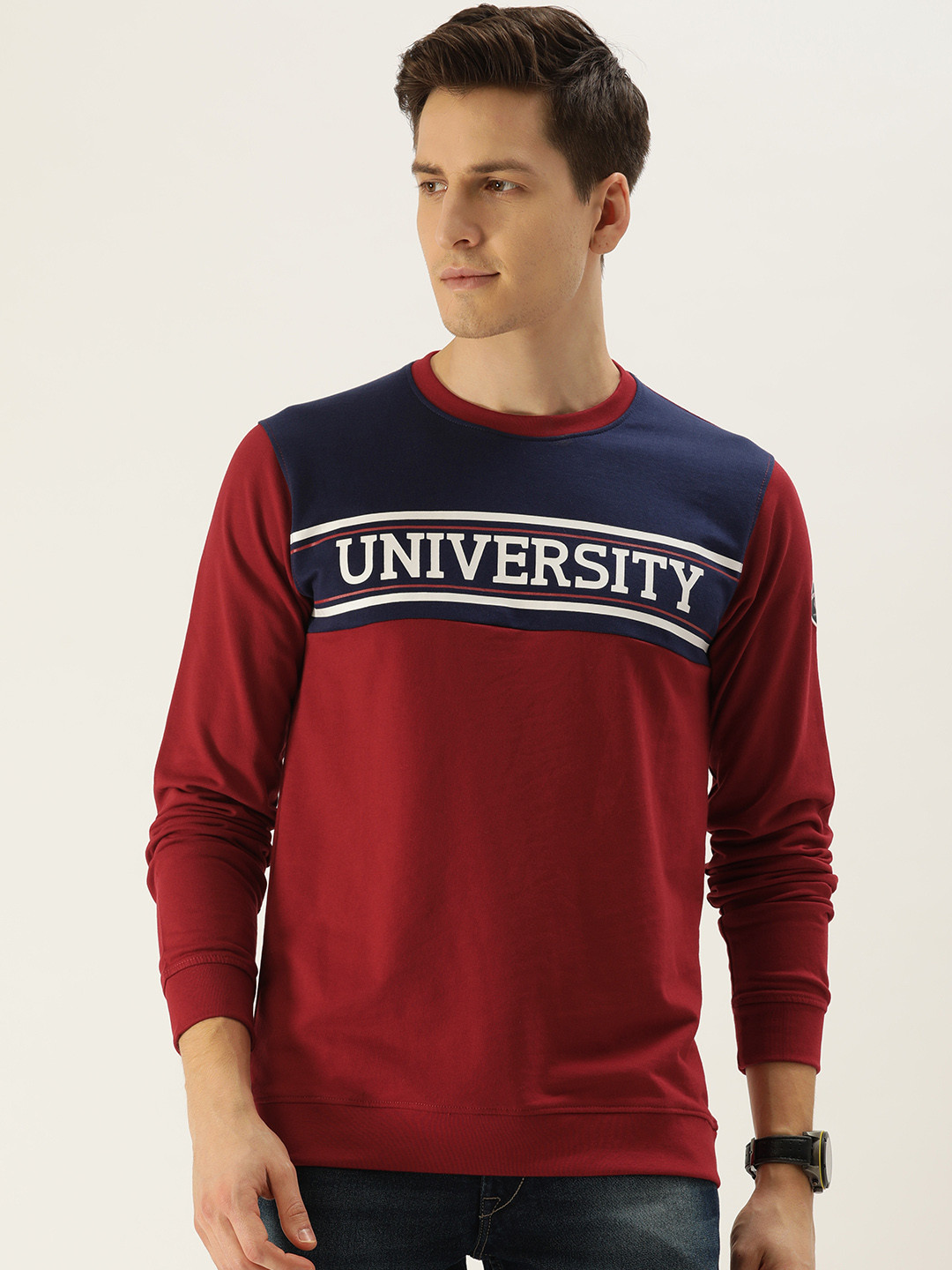 Buy PETER ENGLAND UNIVERSITY Men Maroon &Navy Blue Colourblocked Sweatshirt Sweatshirts for