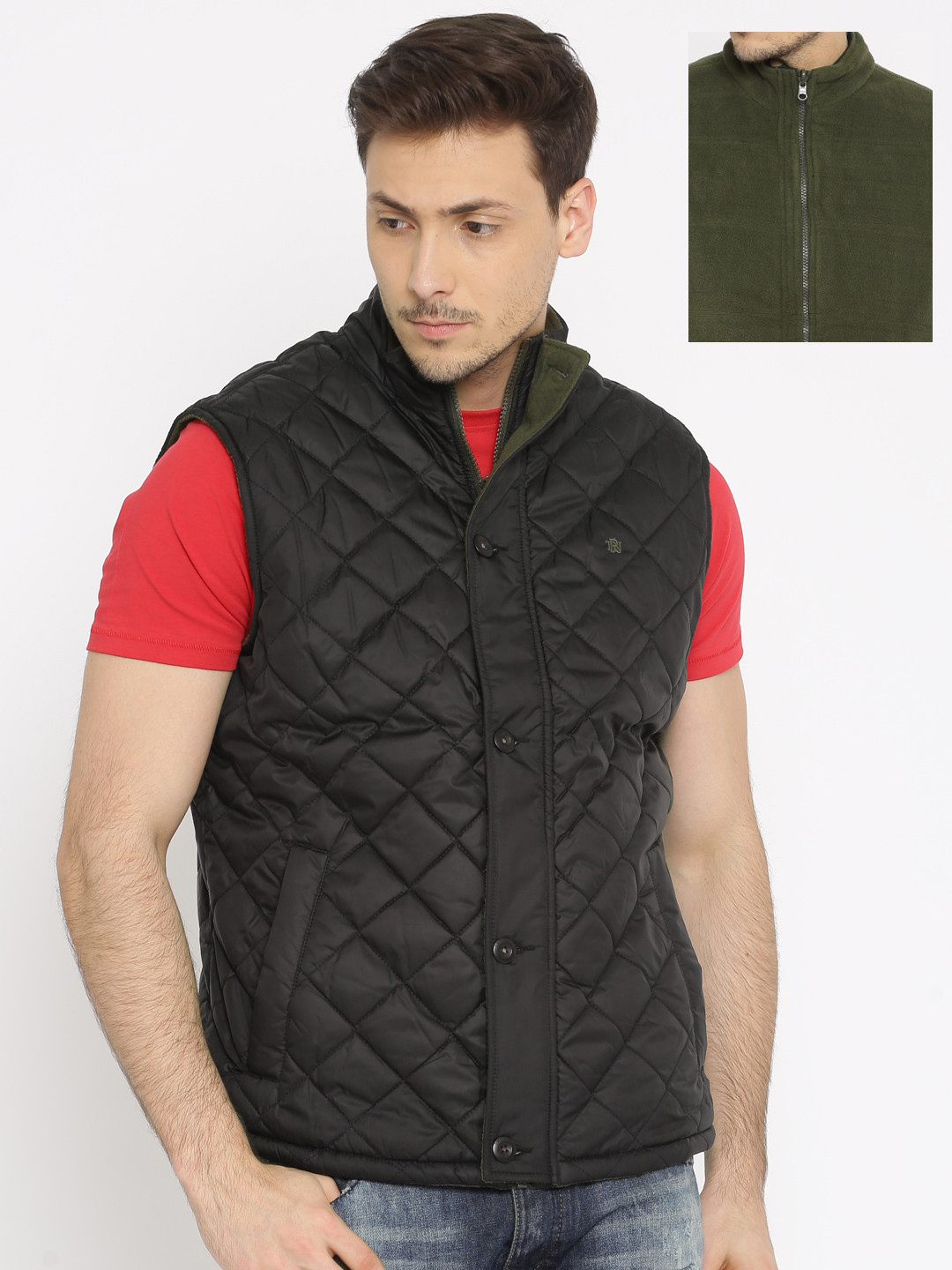 Buy Indian Terrain Men Black & Green Reversible Sleeveless Jacket