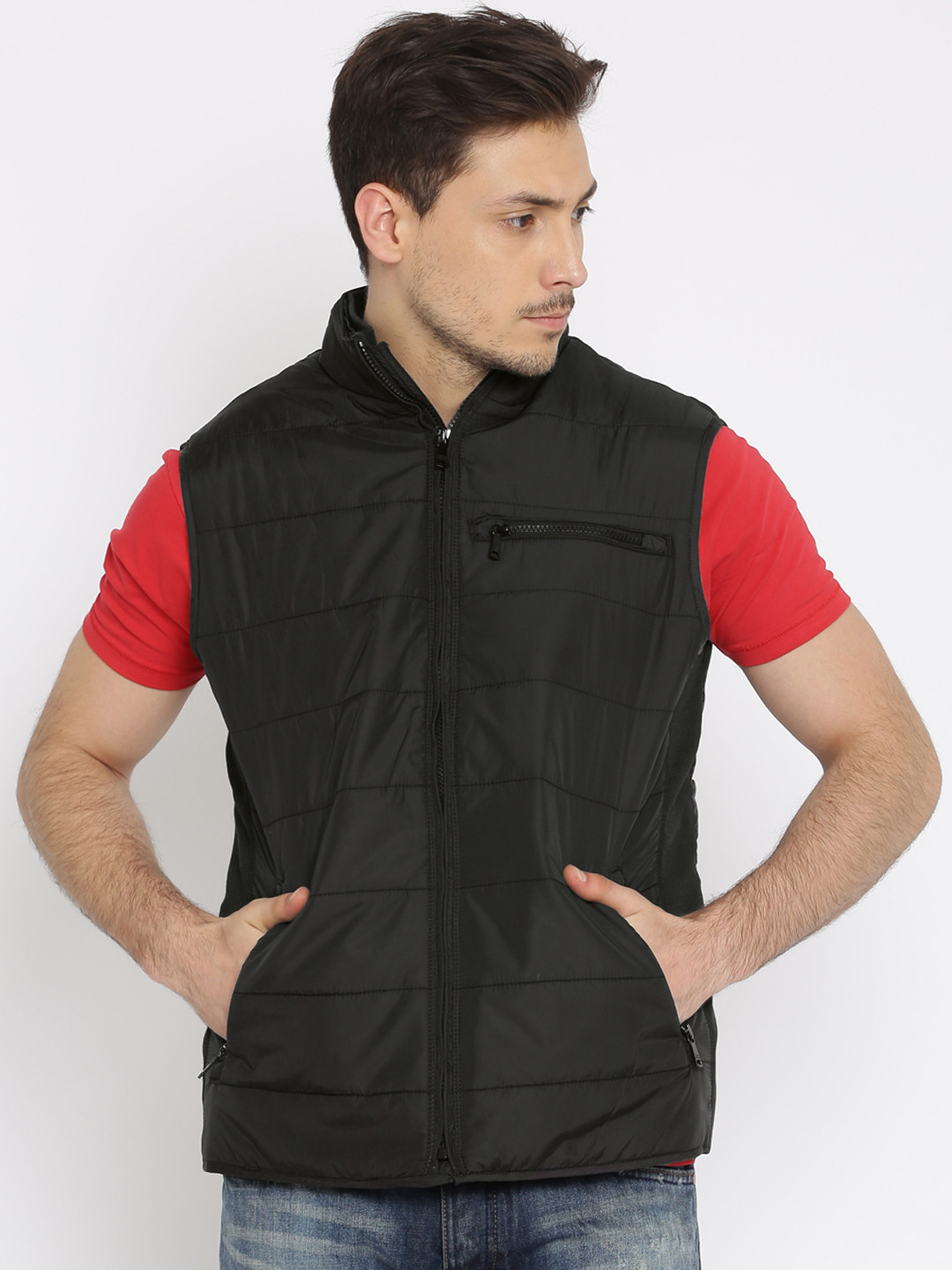 Buy Indian Terrain Men Black Padded Sleeveless Jacket Jackets for Men