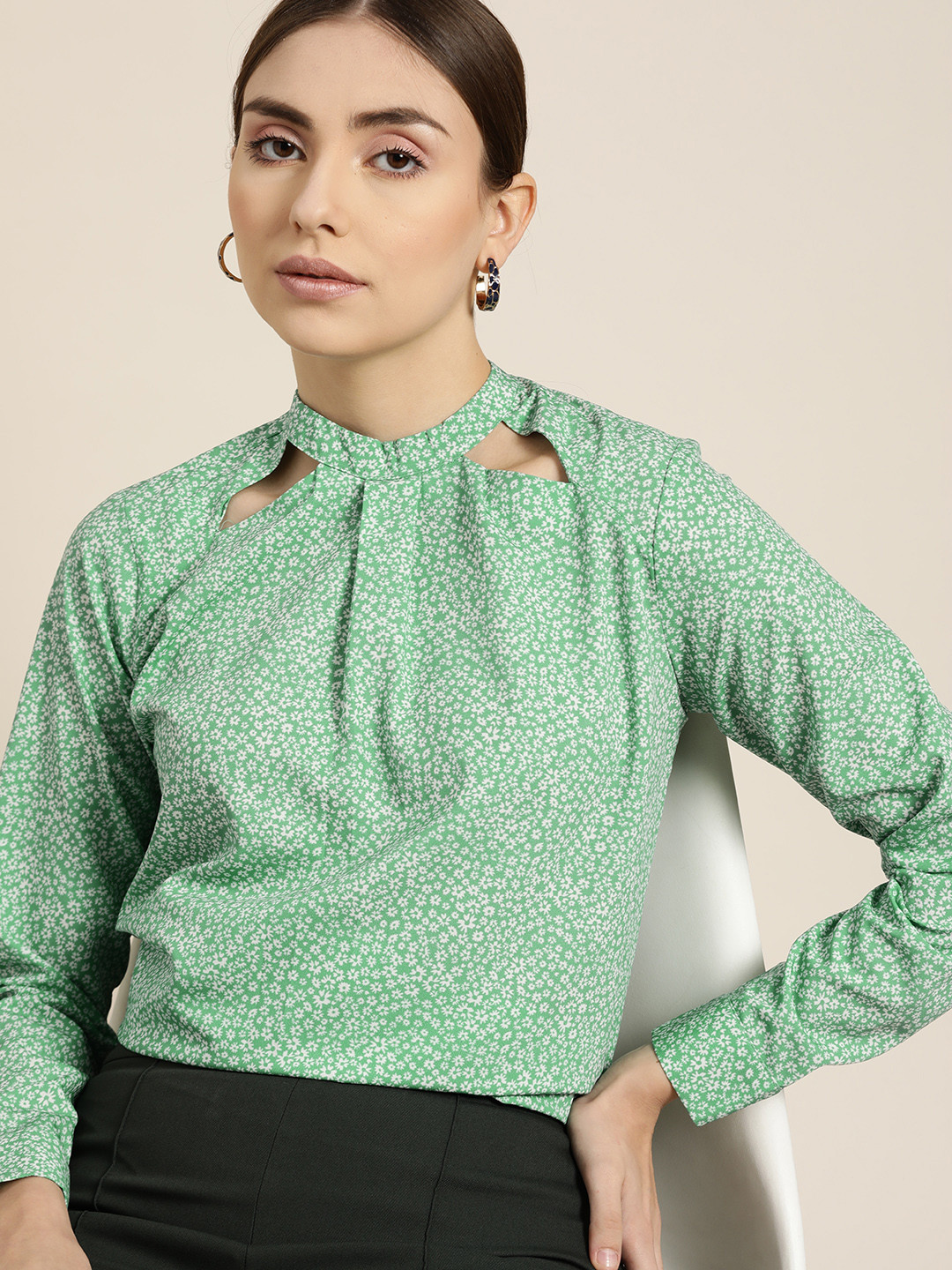 Buy Her By Invictus Green & White Floral Print Mandarin Collar Top Tops for Women 16117056