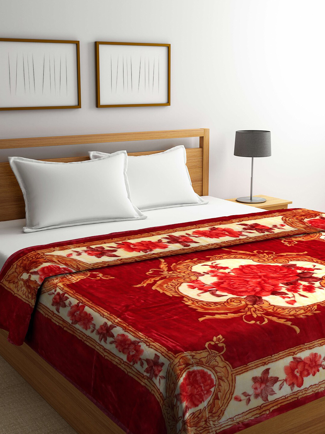 Buy Arrabi Red & Cream Coloured Floral Mild Winter Double Bed Blanket