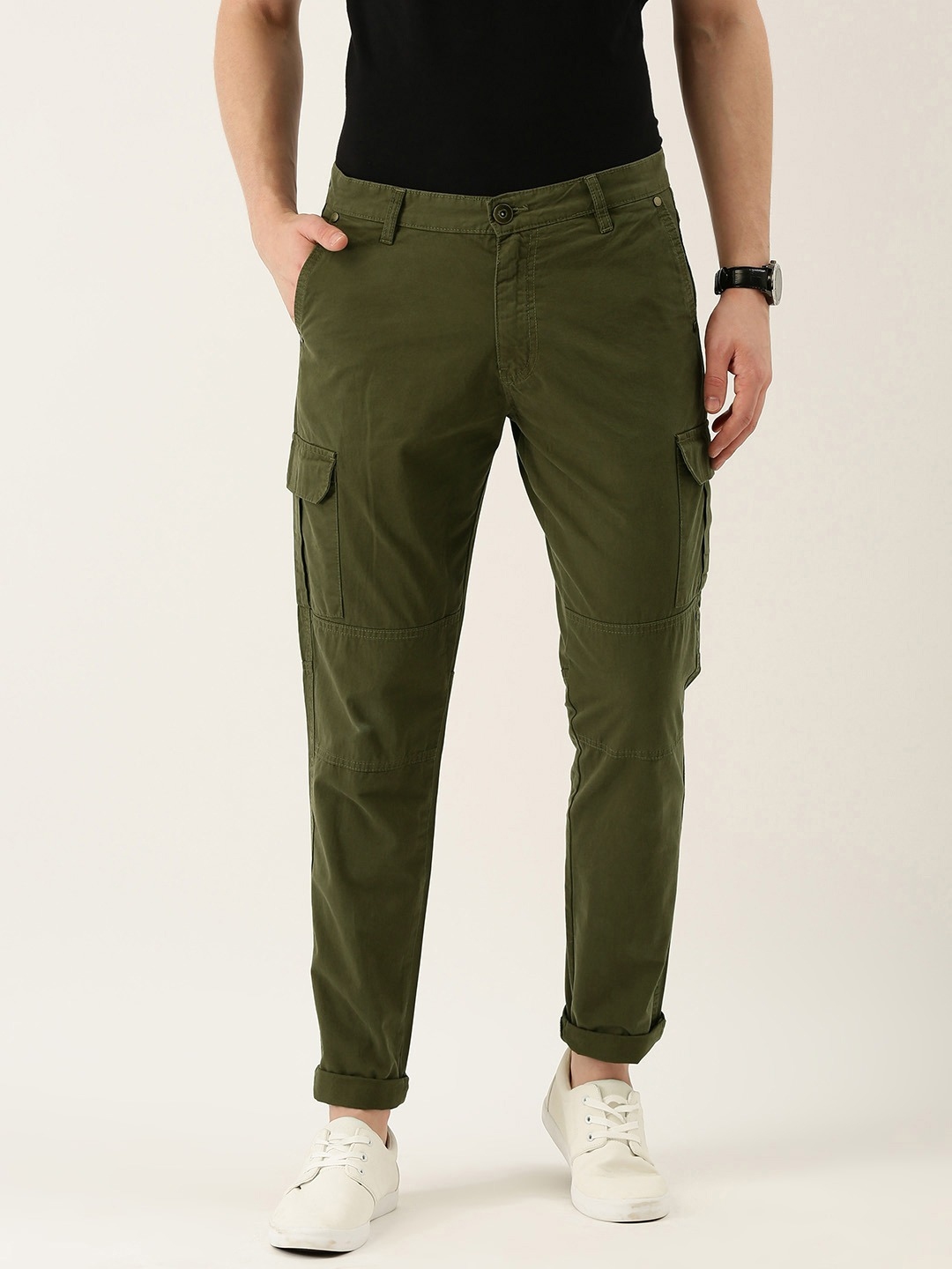 Buy IVOC Men Olive Slim Fit Pure Cotton Cargos Trousers - Trousers for ...