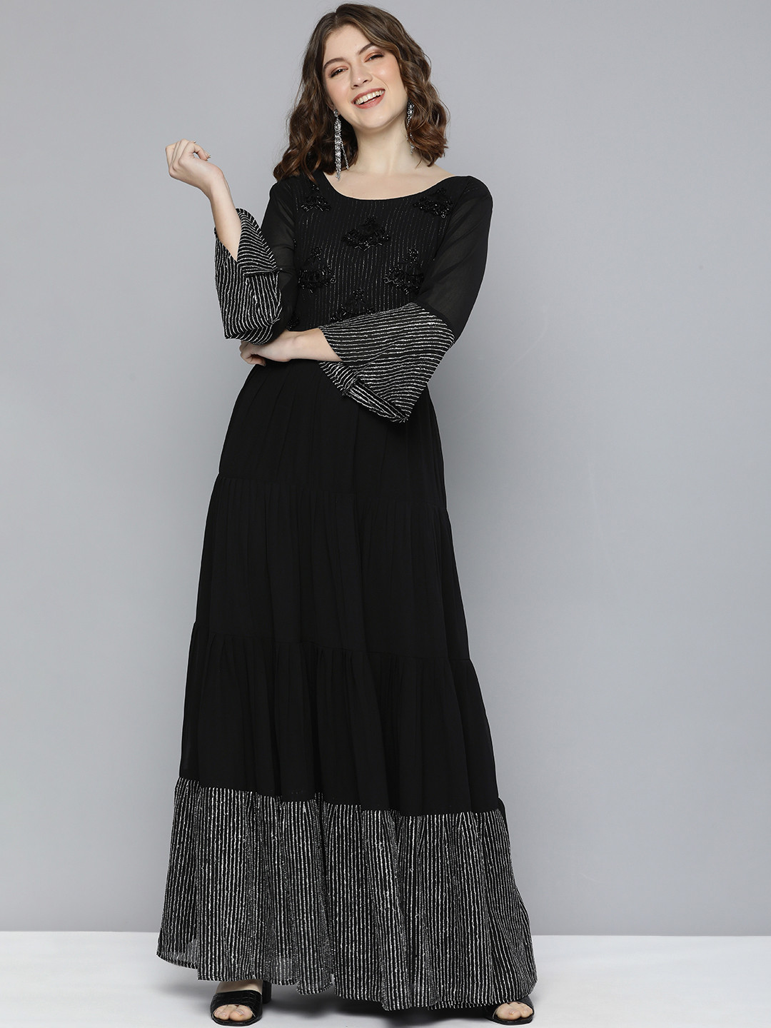 Buy Kvsfab Black Embellished Boat Neck Bell Sleeves Party Fit