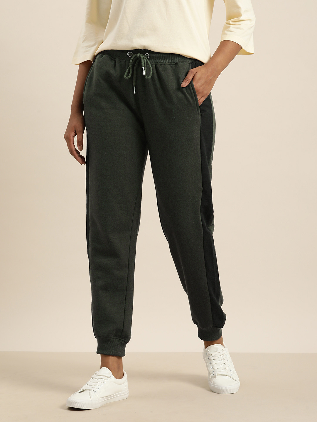 Buy Ether Women Olive Green & Black Colourblocked Joggers Track Pants