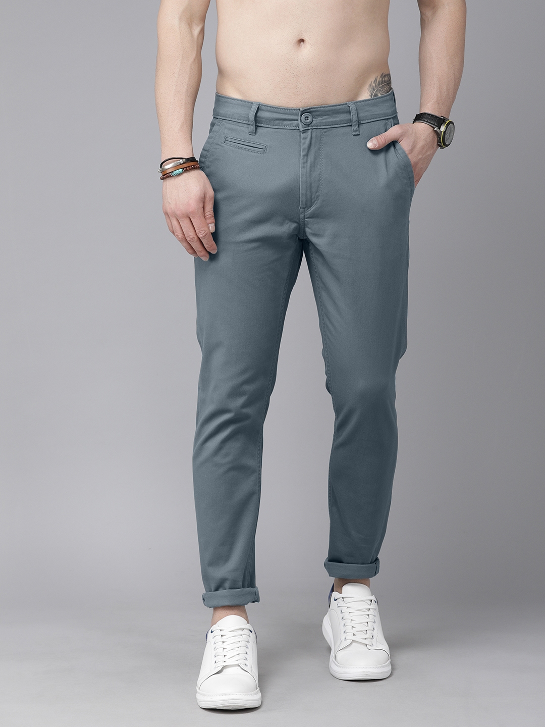 Buy The Roadster Lifestyle Co Men Grey Chinos Trousers - Trousers for ...