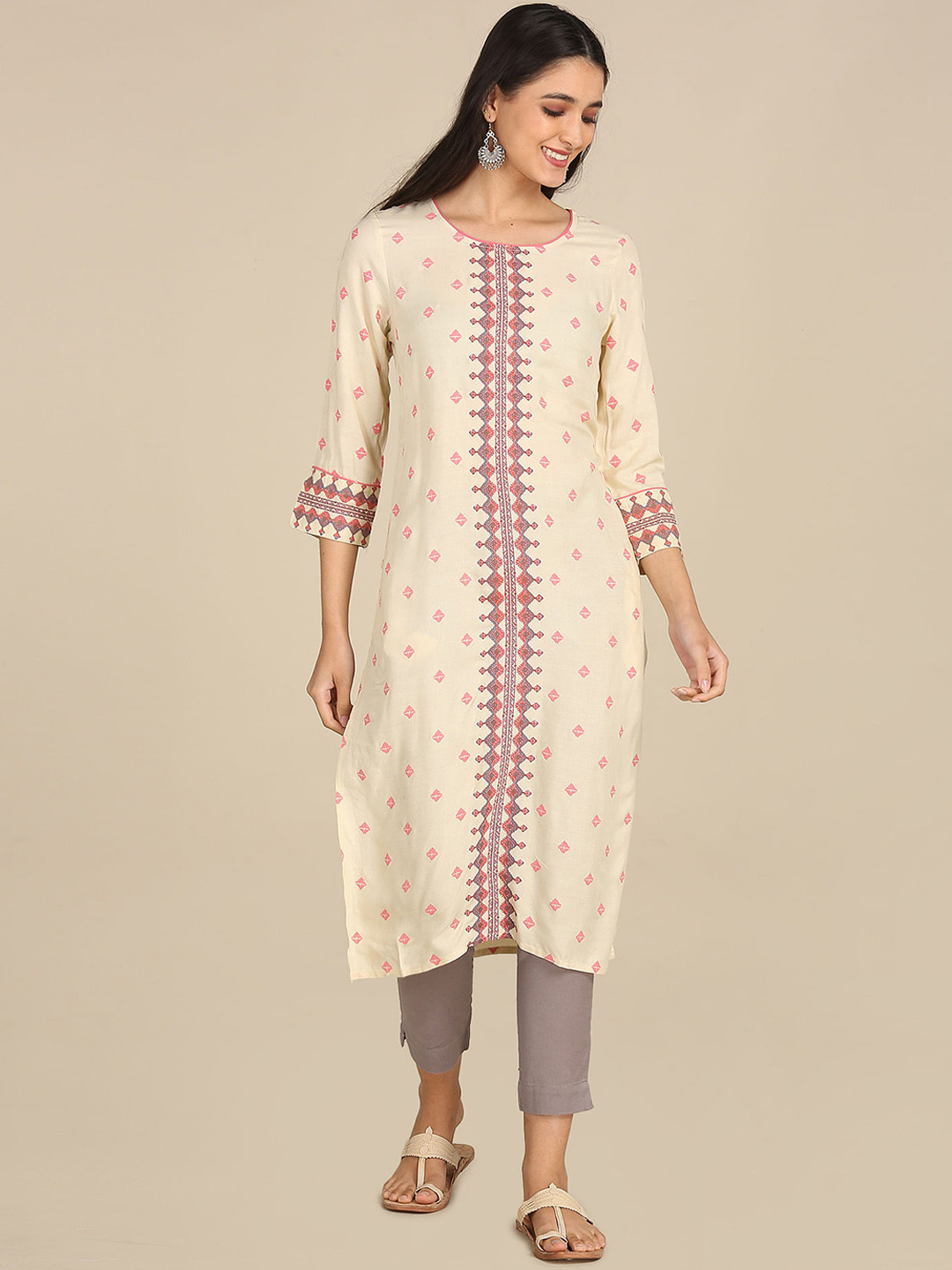 Buy Karigari Women Beige Geometric Embellished Flared Sleeves Mirror