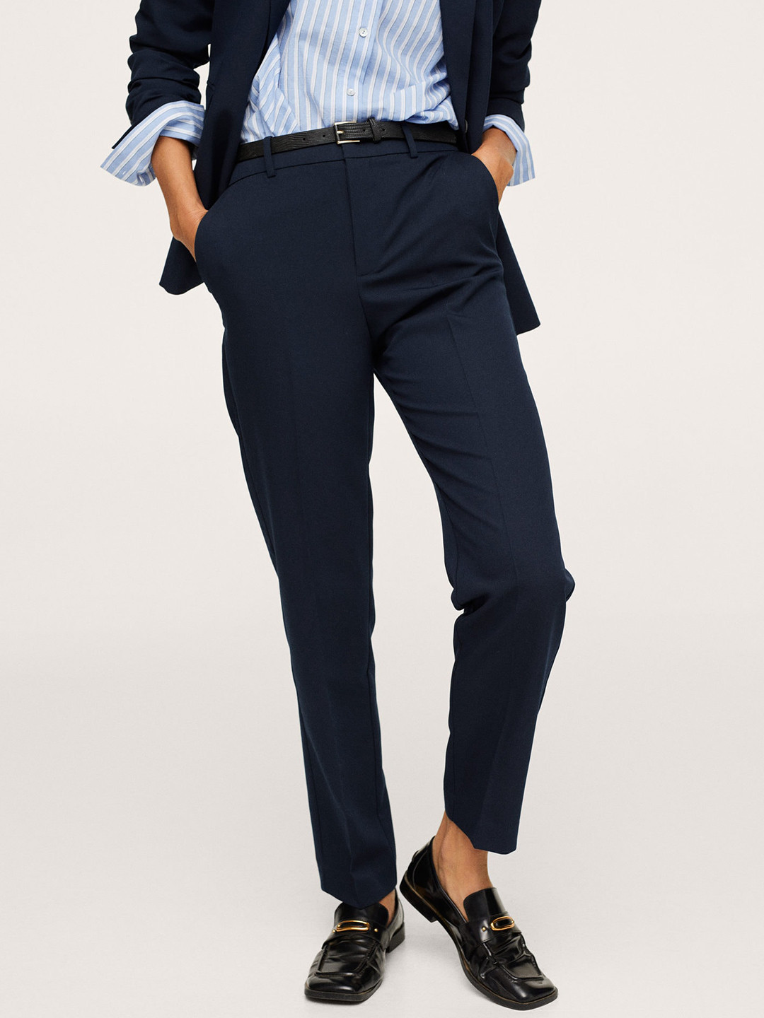 Buy MANGO Women Navy Blue Solid Mid Rise Smart Casual Trousers With Belt - Trousers for Women 