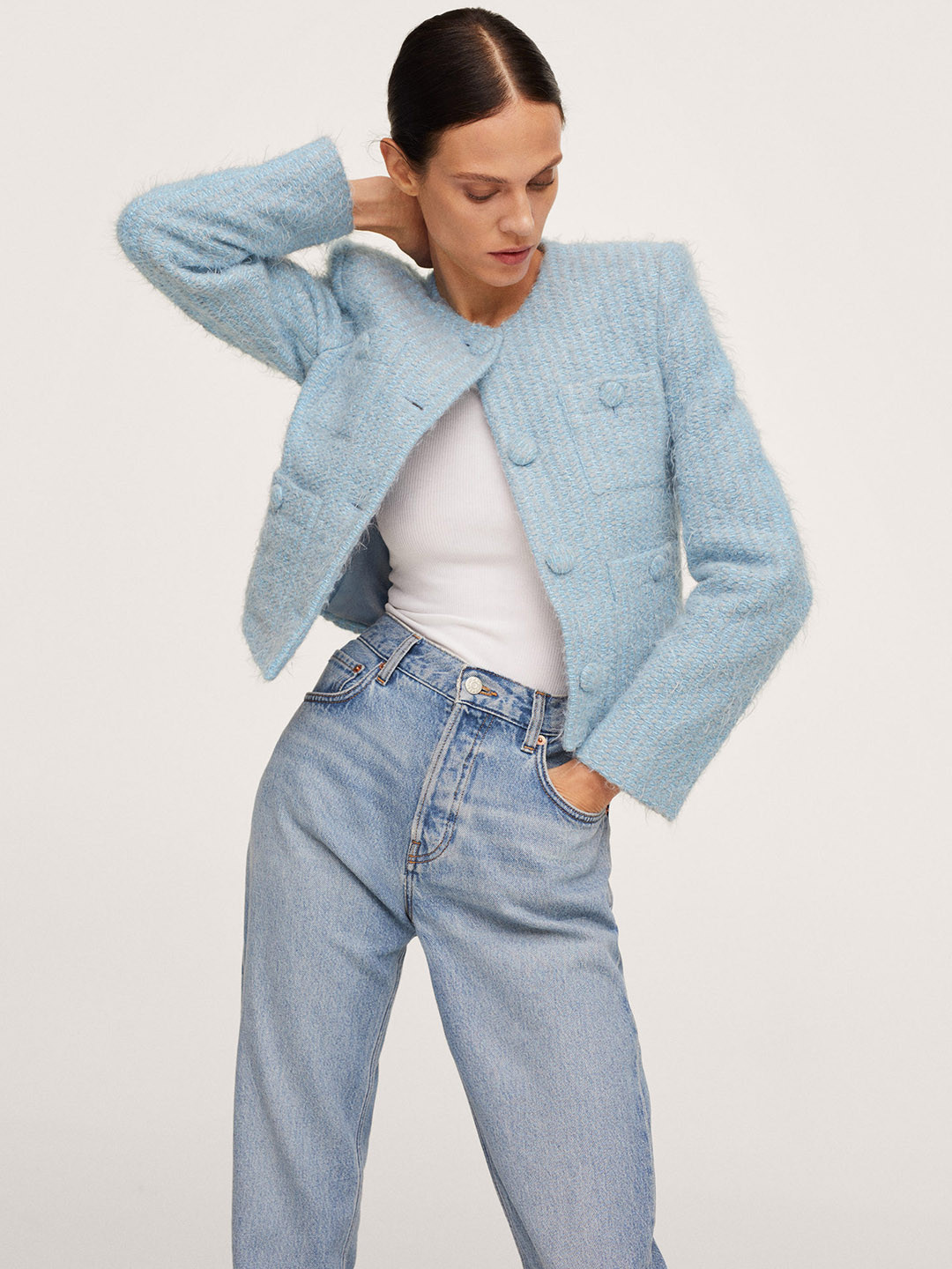 Buy MANGO Women Blue Self Designed DIAMOND Tailored Jacket Jackets