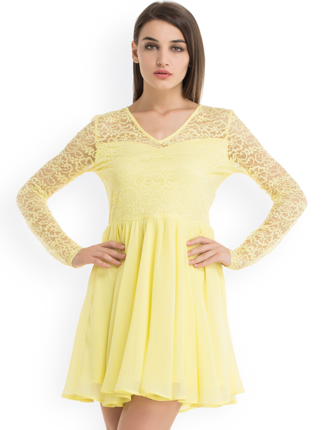 Buy Kazo Yellow Lace Fit And Flare Dress Dresses for Women 1613547