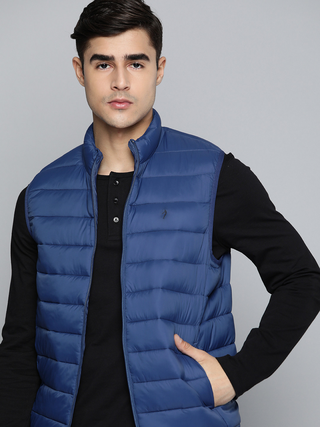 Buy Indian Terrain Men Navy Blue Solid Mock Collar Sleeveless Gilet Puffer Jacket Jackets for