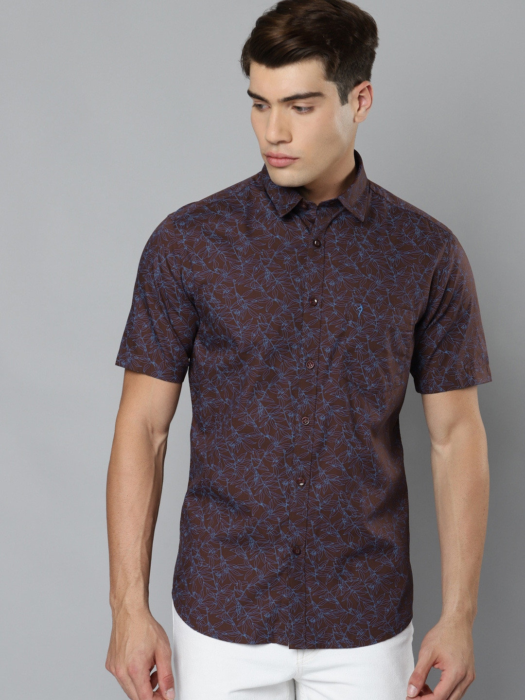 Buy Indian Terrain Men Brown & Blue Pure Cotton Slim Fit Floral Print Casual Shirt Shirts for