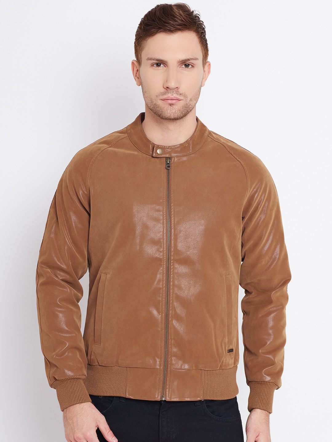 Buy United Colors Of Benetton Tan Brown Faux Leather Bomber Jacket ...