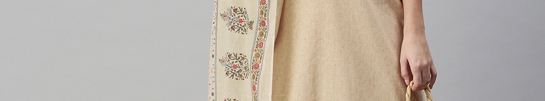 Buy SheWill Women Beige Ethnic Motifs Embroidered Cotton Kurta With ...