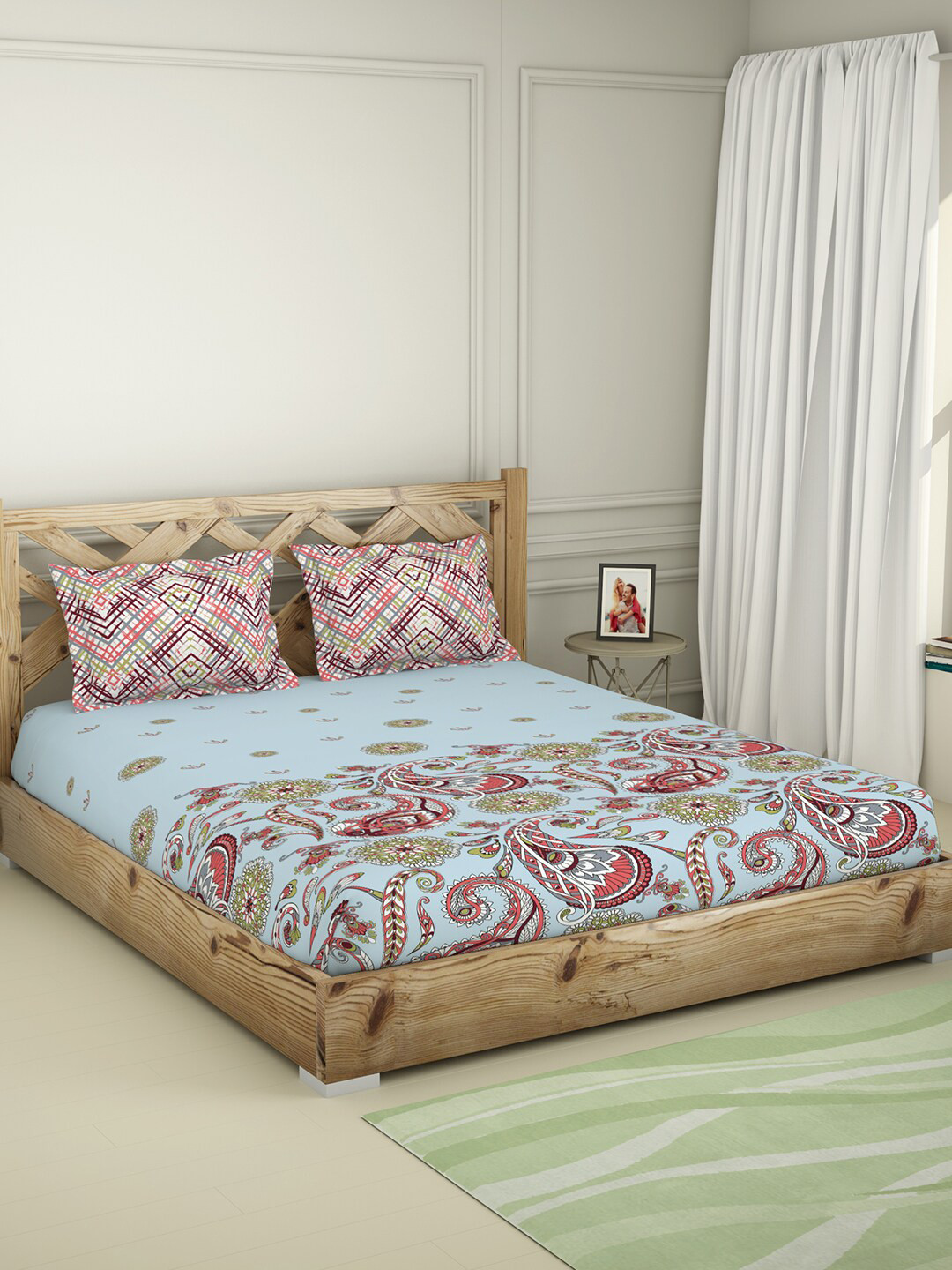 Buy SPACES Blue & Coral 144 TC Cotton King Bedsheet With 2 Pillow