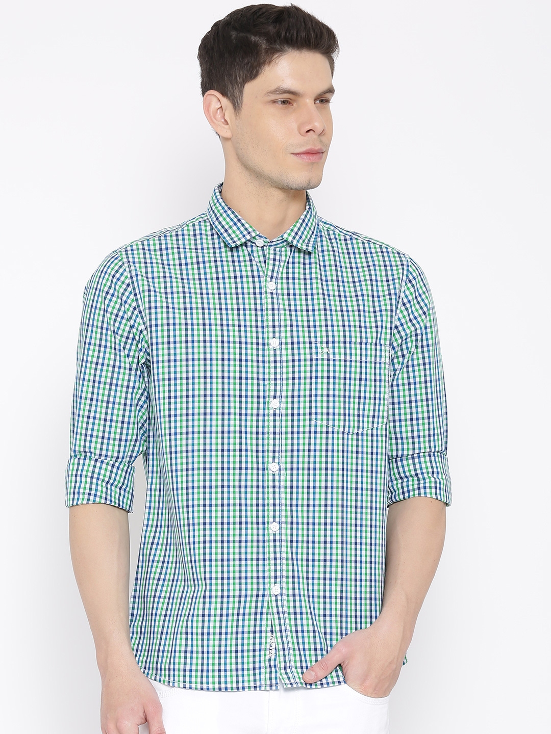 Buy John Miller Hangout Men Green & White Slim Checked Casual Shirt ...