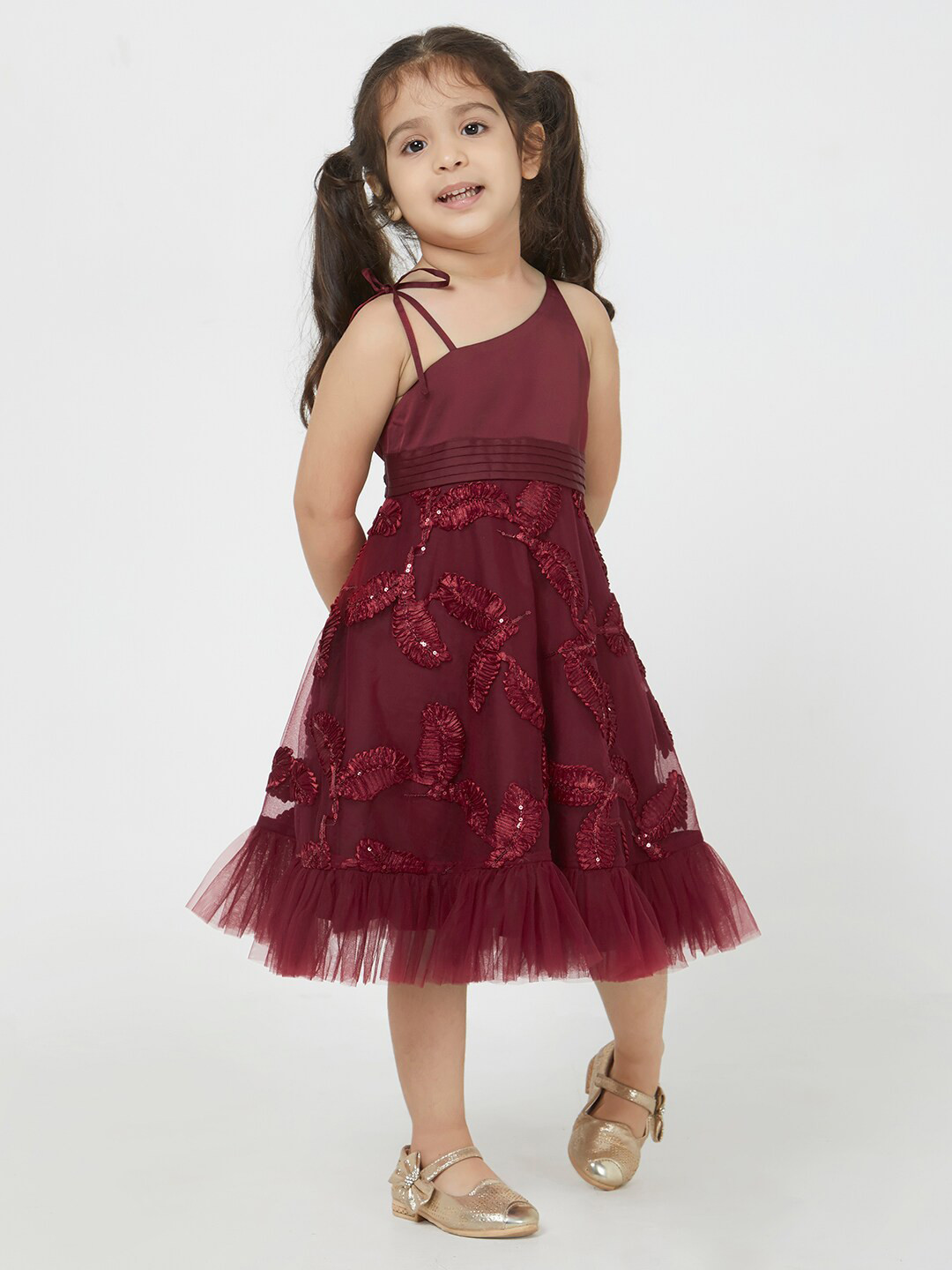Girls Maroon Zip Front A-line Midi Dress