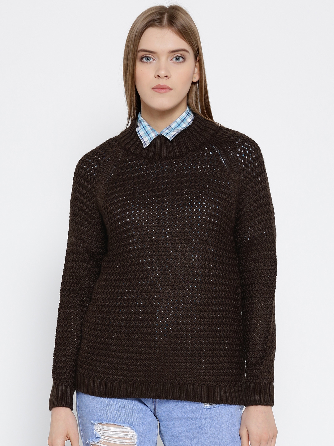 Buy People Women Coffee Brown Open Knit Patterned Sweater Sweaters